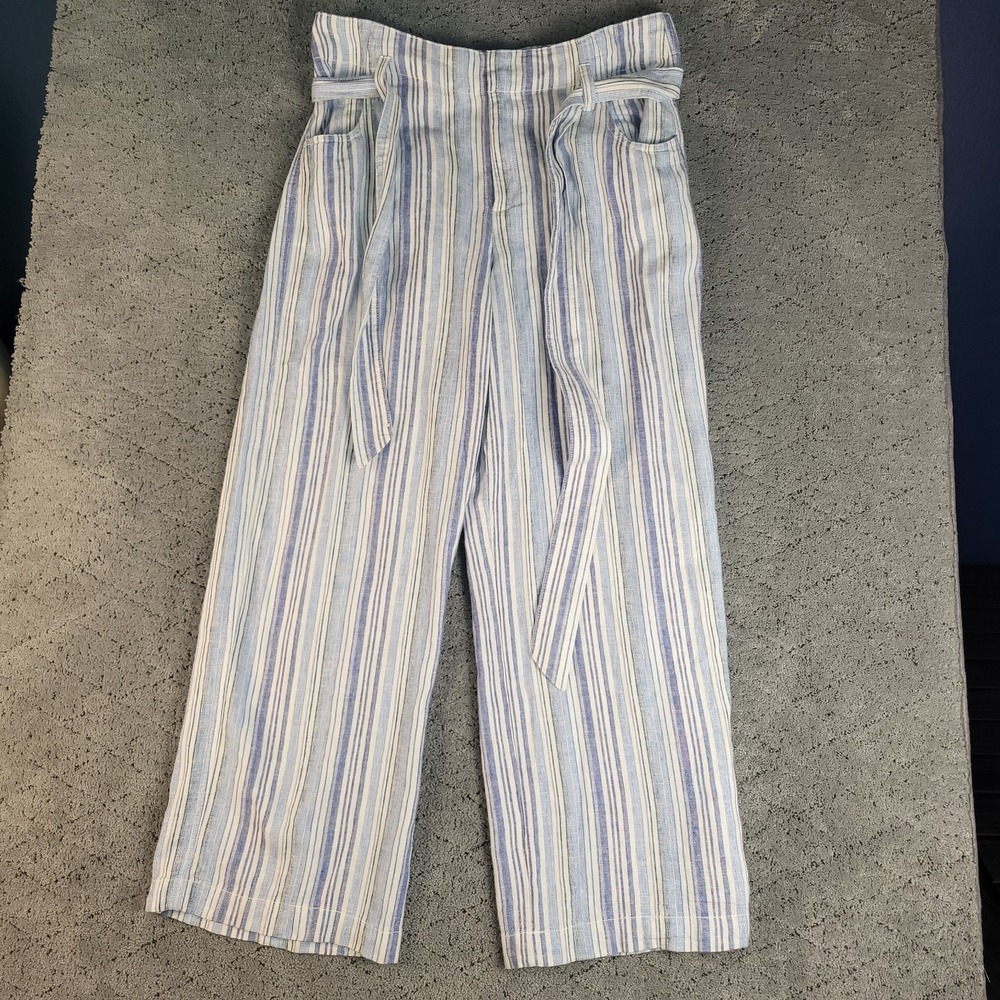 Gap Pants Womens 16 Blue Striped Wide Leg Linen Blend Belted Loose High Rise